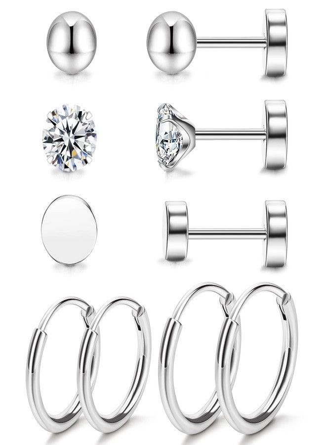 Staligue 5 Pairs Pure Titanium Earrings for Women - 20G Hypoallergenic Flat Back Earrings - Studs & Hoops Set with CZ(Silvery) - Image 1